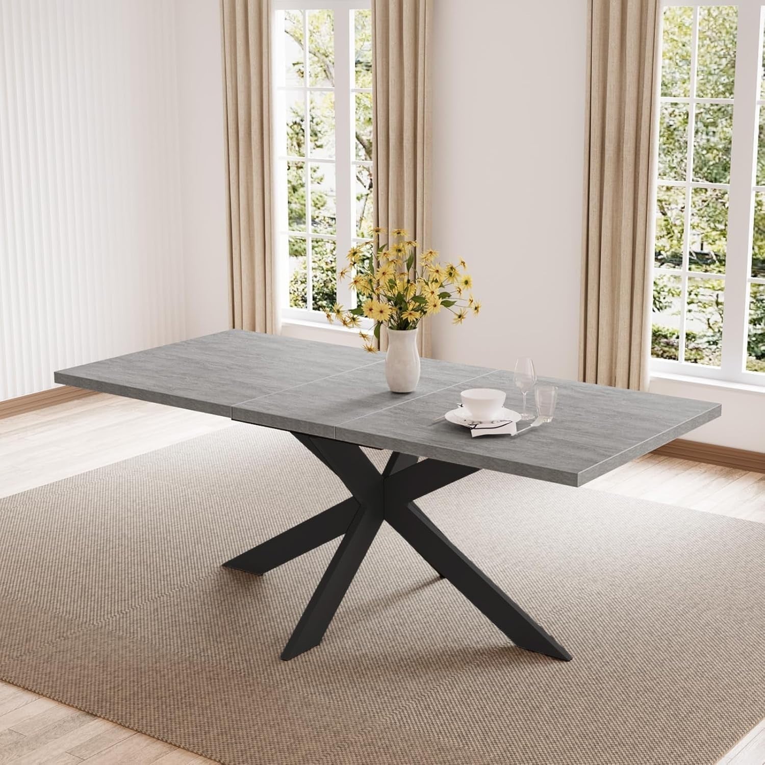 Extendable Dining Table Grey Wood Effect 4-6 Seater Kitchen Modern Room