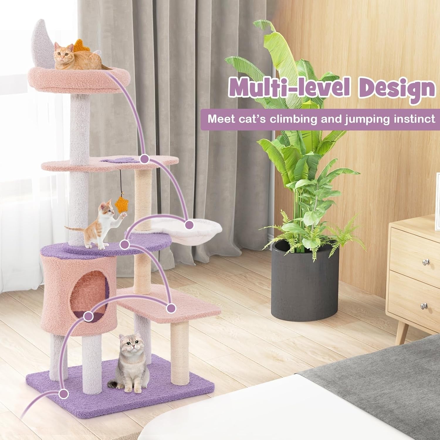 Cat Tree 140cm Multi Level Climbing Tower Condo Hammock Sisal Indoor Cats