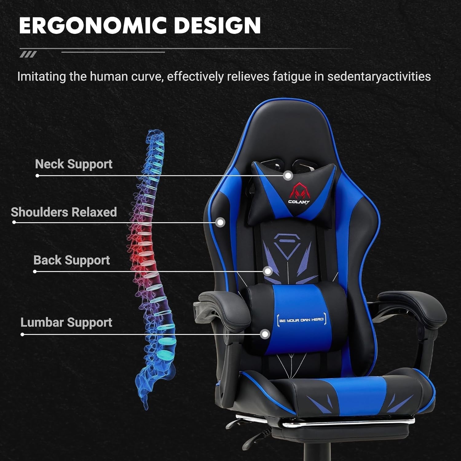 High Back Gaming Chair with Footrest Blue Faux Leather Computer Office Swivel Se