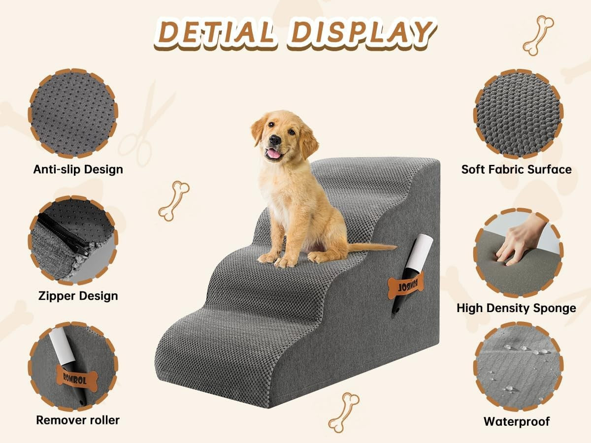 4 Step Dog Stairs Non Slip Pet Ramp for Bed Sofa Washable Grey