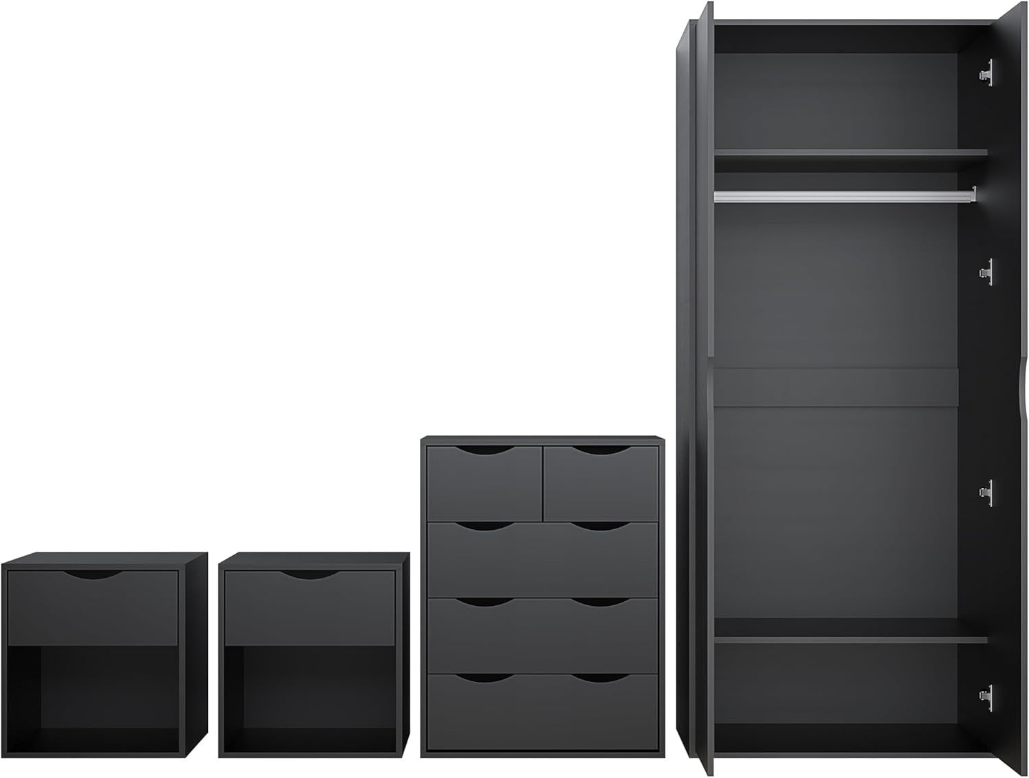 4pc Bedroom Furniture Set Wardrobe Chest Bedside Cabinet Black Matt on Black