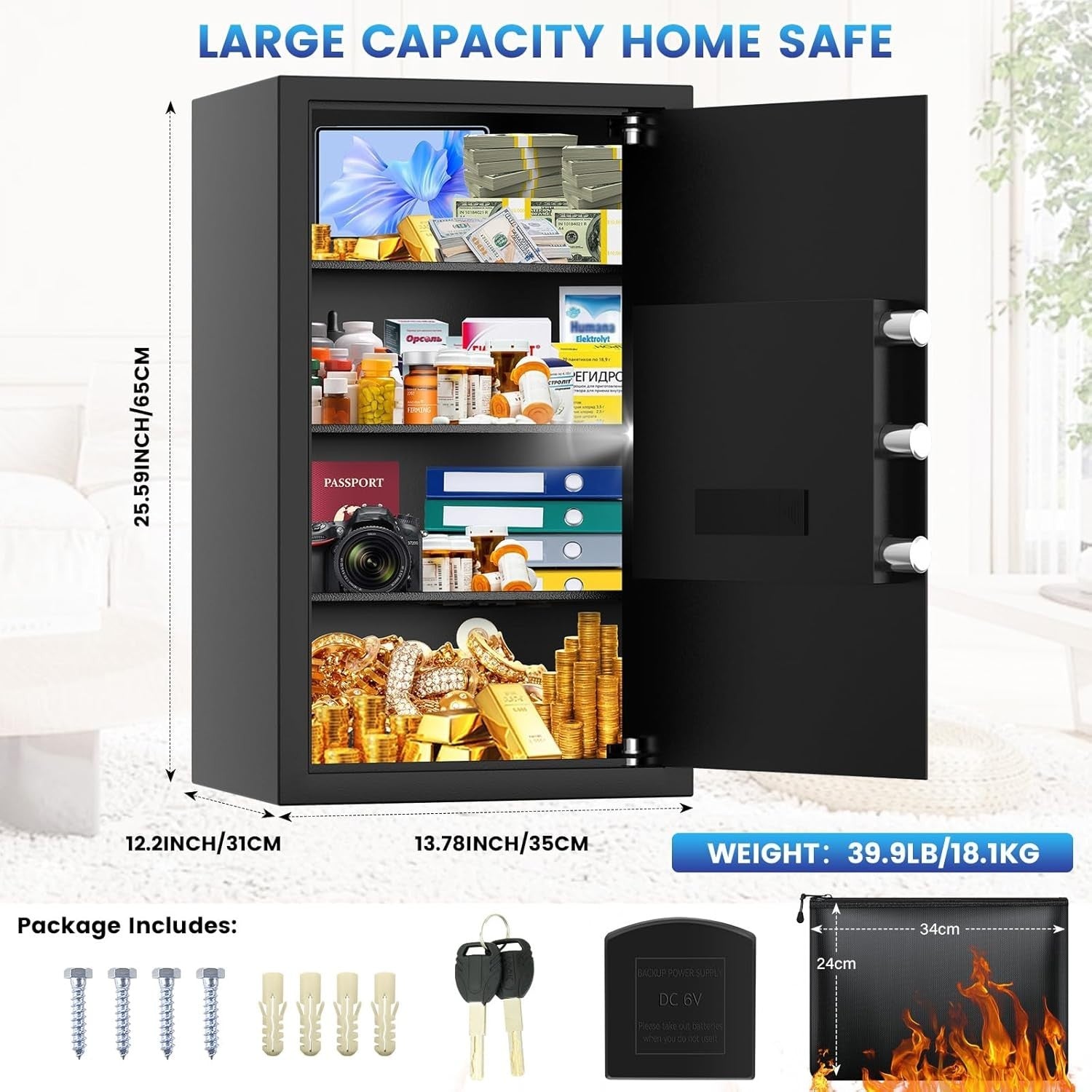 70L Fireproof Safe Box Digital Keypad Security Safe with Shelves