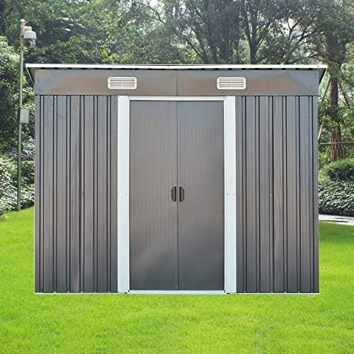 8x4FT Metal Garden Shed Apex Roof Tool Storage House Double Sliding Doors