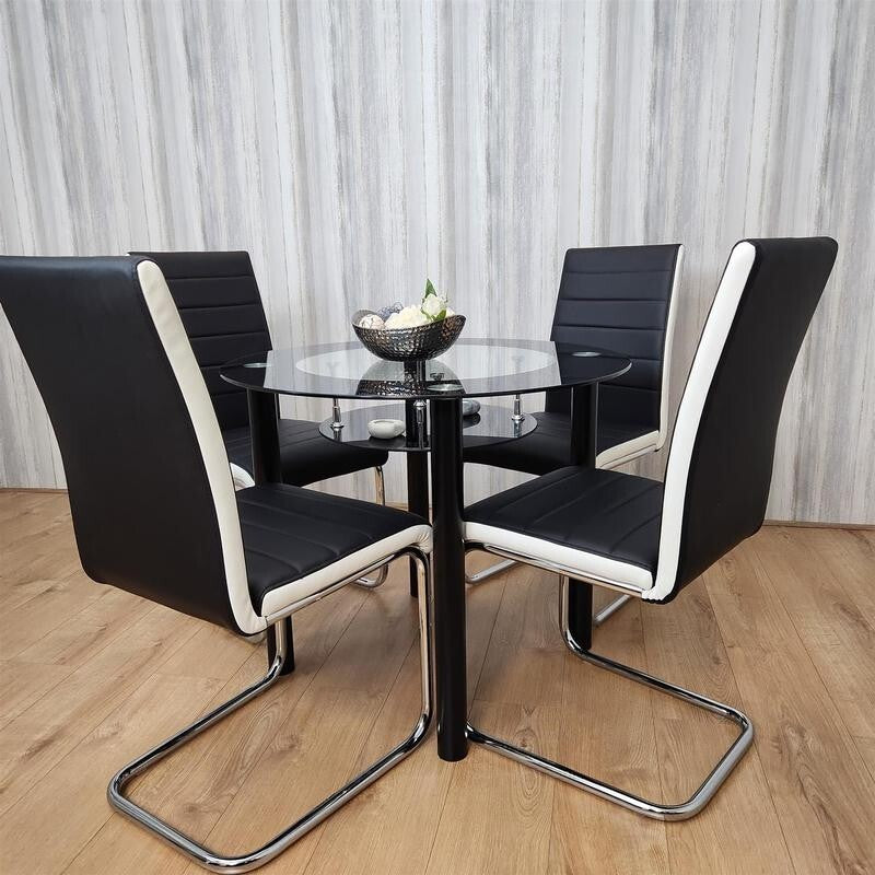 Round Glass Dining Table Set 4 Faux Leather Chairs Modern Kitchen