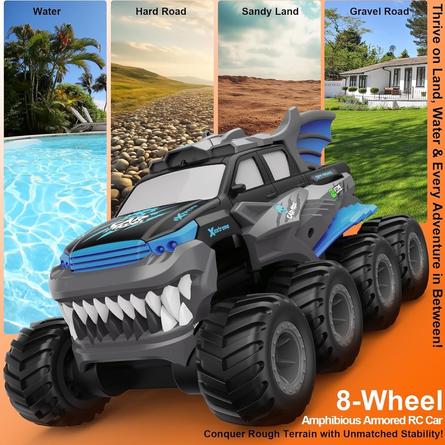 8WD Amphibious RC Monster Truck – Waterproof Off-Road Car w/ 2 Batteries, Blue