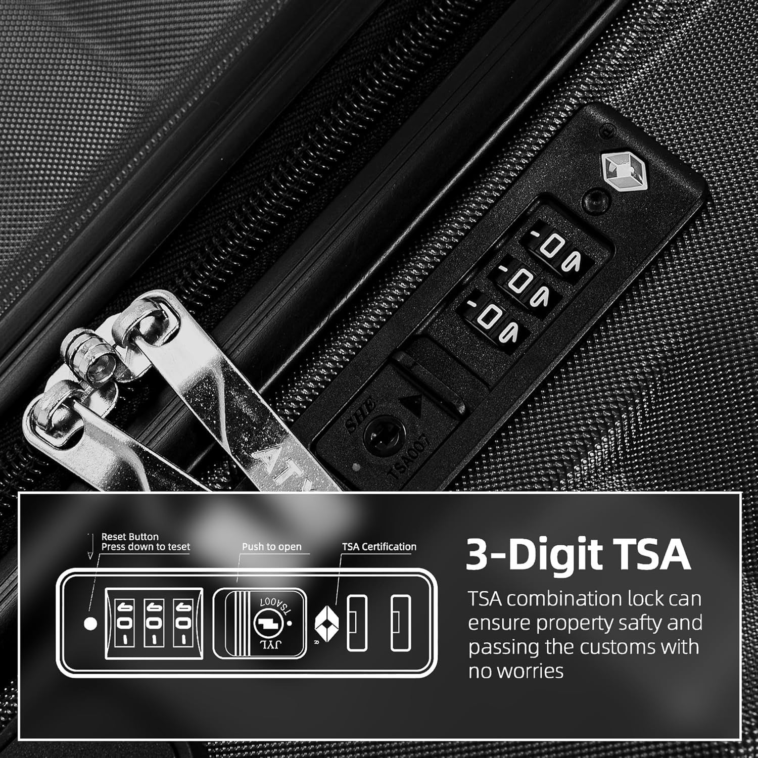 Medium ABS Hard Shell Suitcase 4 Dual Spinner Wheels TSA Lock 65L Black