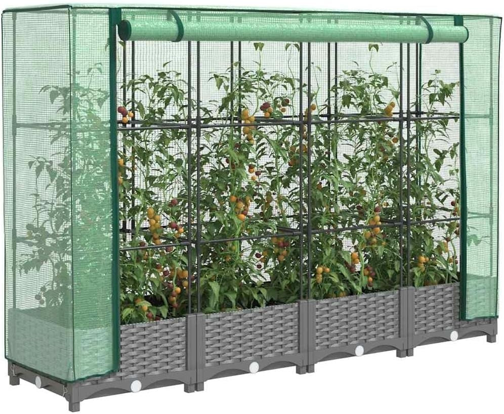 Extra Large Light Grey Rattan Look Raised Garden Bed with Greenhouse Cover