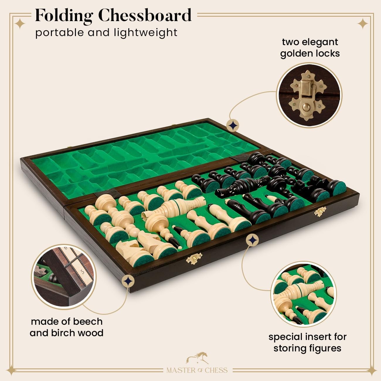 Tournament Wooden Chess Set 50cm Inlaid Foldable Board Staunton No.5 Pieces