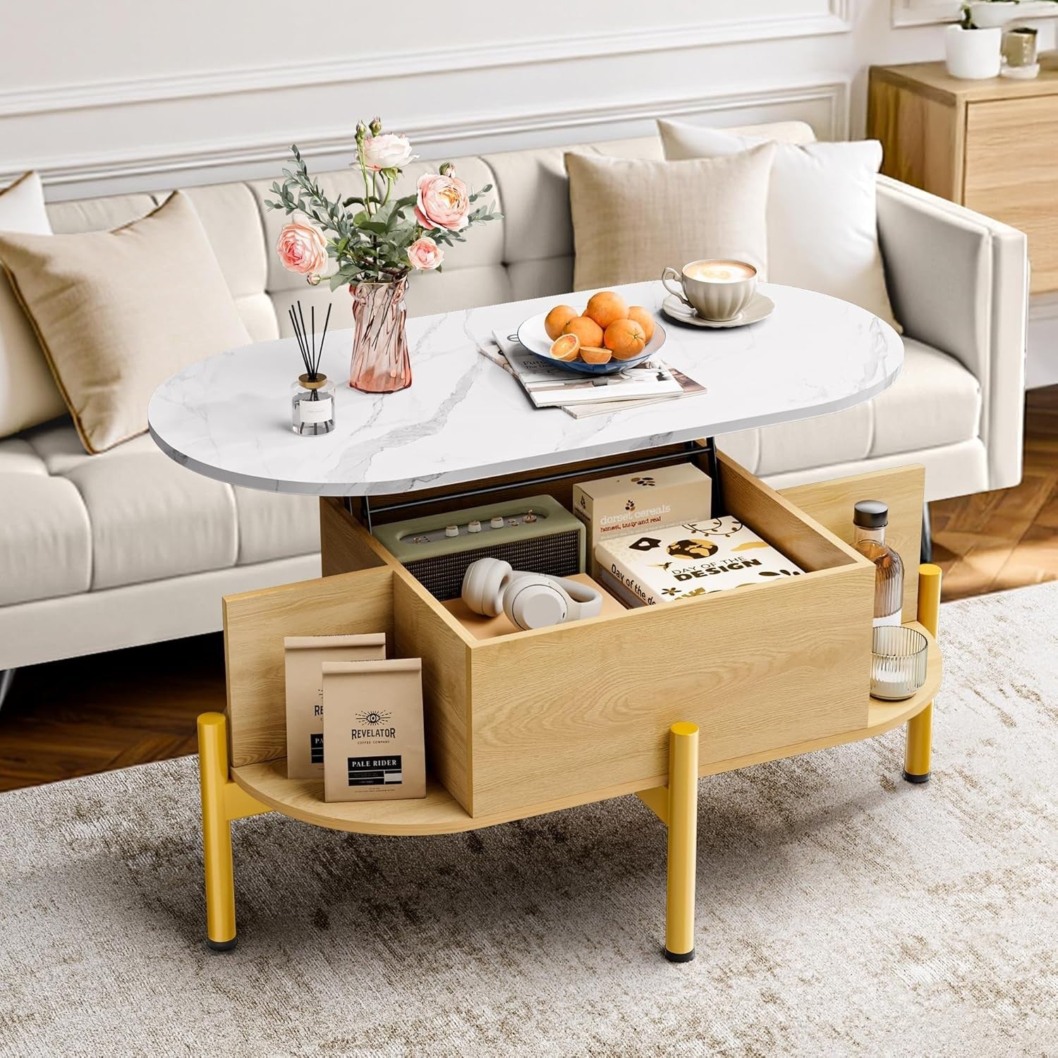 Adjustable Lift Top Coffee Table with Storage & Faux Marble Surface 100x50
