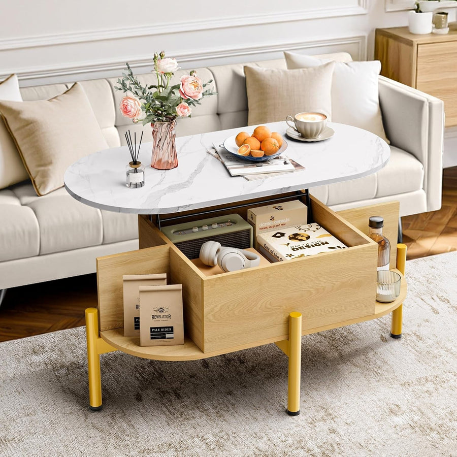 Adjustable Lift Top Coffee Table with Storage & Faux Marble Surface 100x50