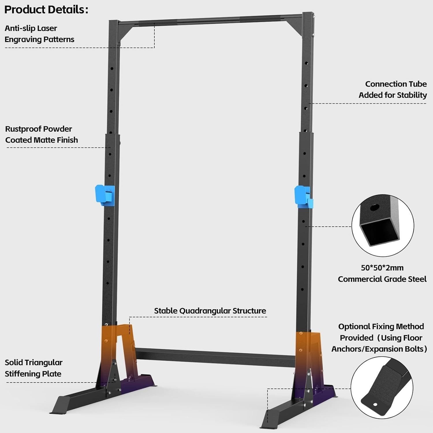 Power Cage Squat Rack Black with Pull Up Bar | Adjustable Home Gym