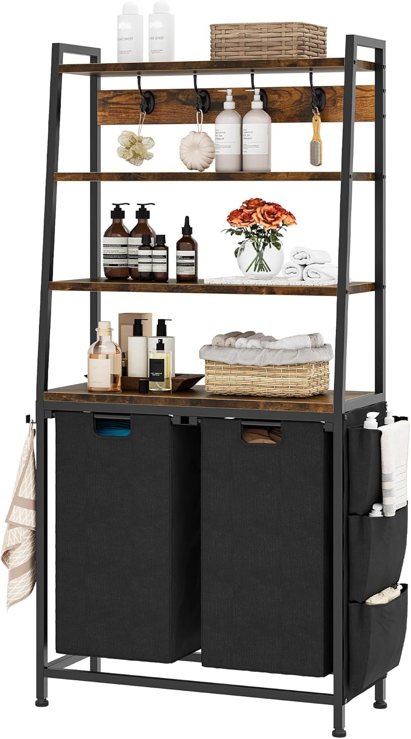 Tall Laundry Sorter with Shelves & Hooks | 2 Pull-Out Bags | 155cm Freestanding