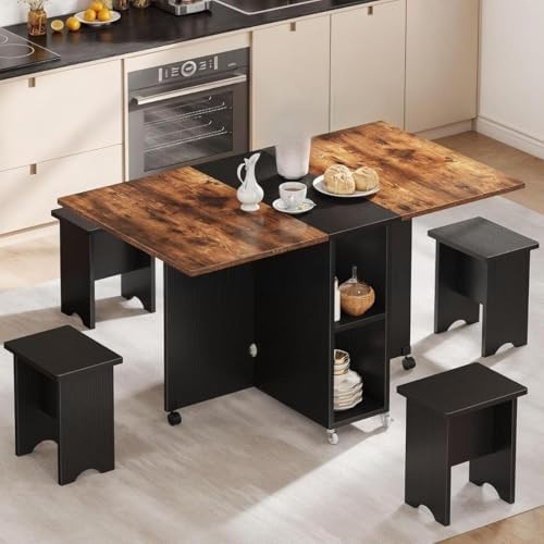Foldable Dining Table Set with 4 Stools 140x80cm Space-Saving Kitchen Furniture