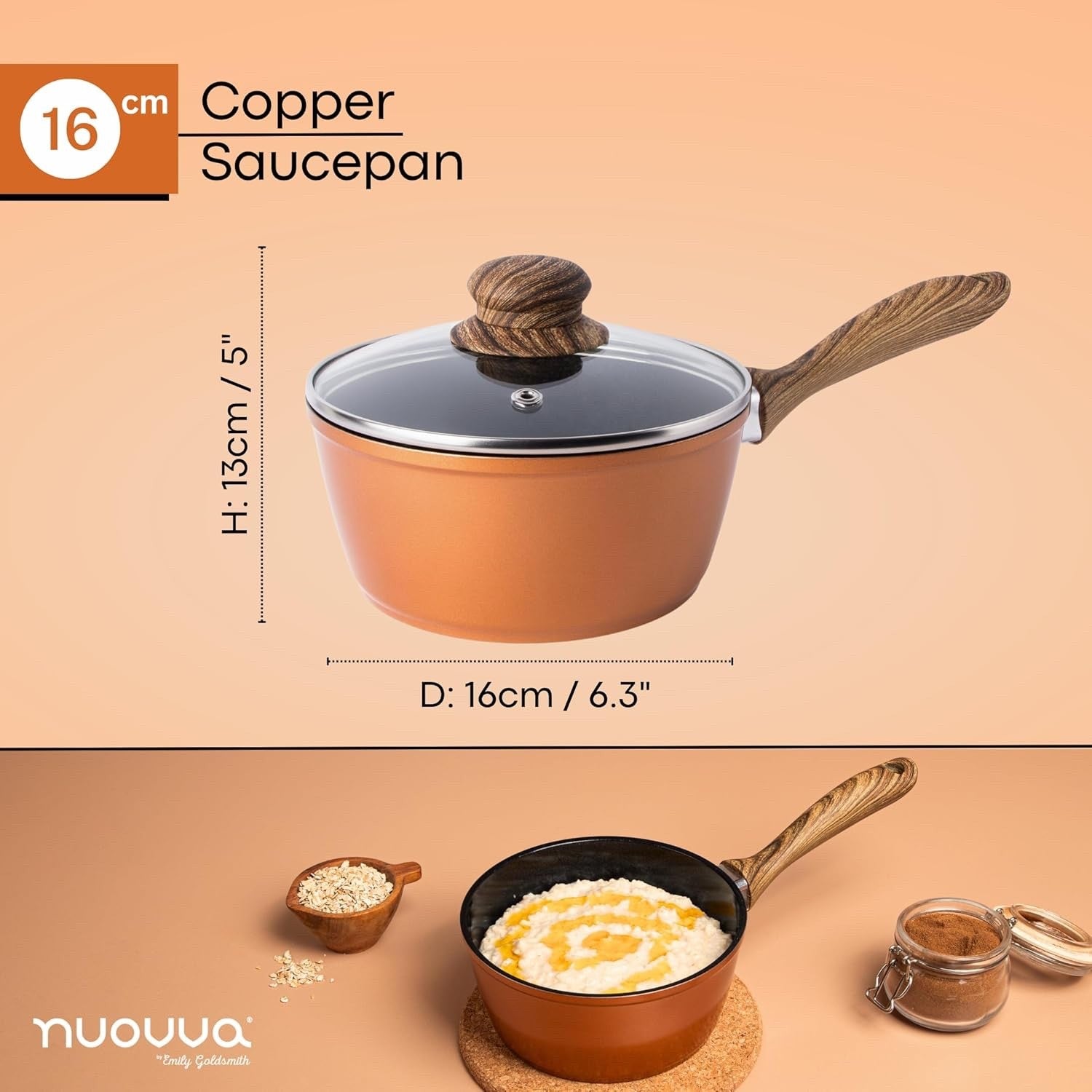 16cm Non-Stick Copper Saucepan with Glass Lid Induction & Gas Ready
