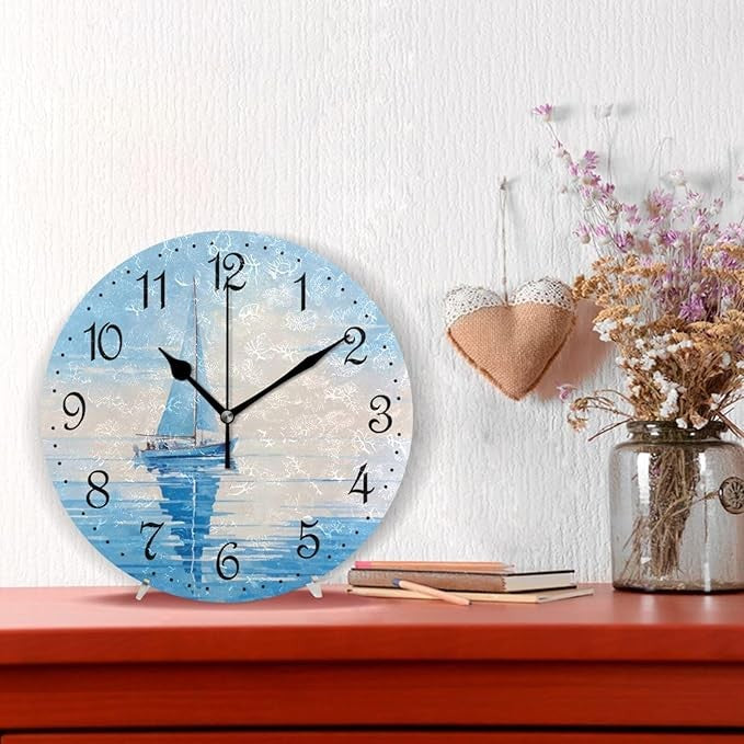 Sailboat Wall Clock 25cm Blue Ocean Art Silent Non-Ticking Nautical Home Decor