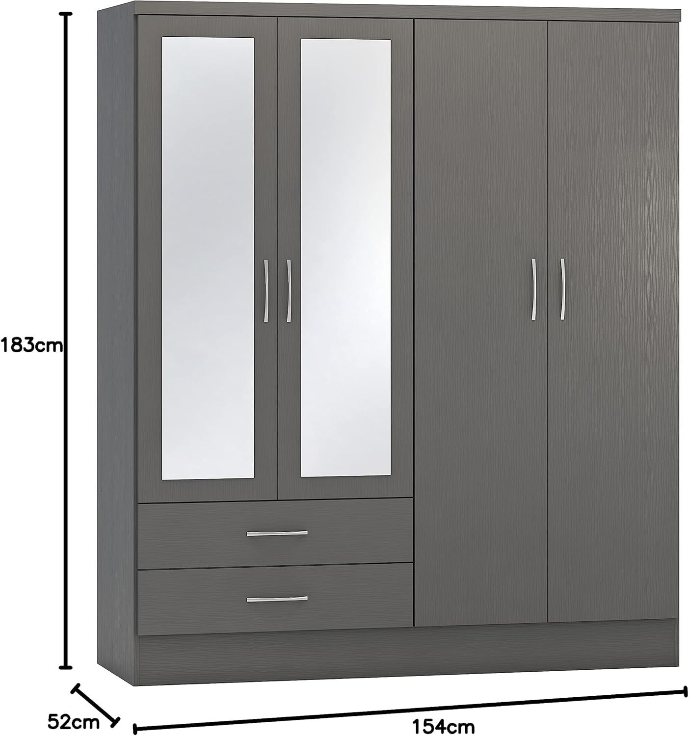 Modern 4 Door 2 Drawer Grey Wardrobe with Mirror & Spacious Storage