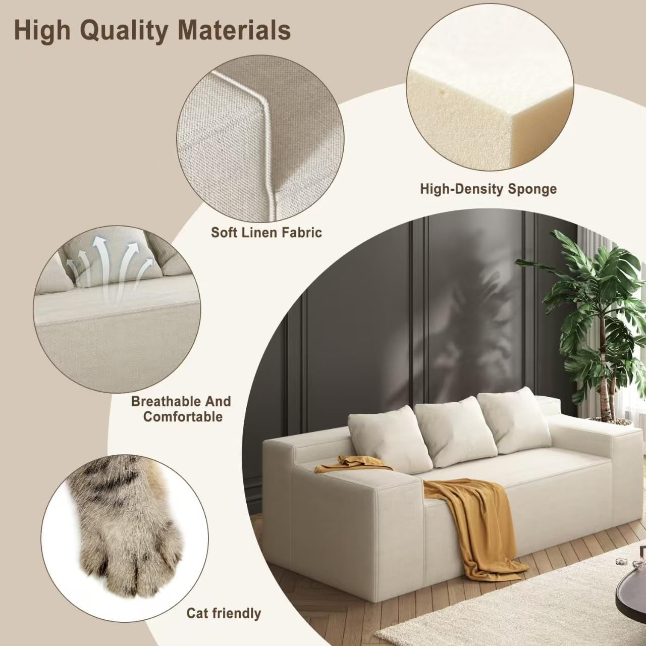 Beige Sofa in a Box 3 Seater Fabric Couch Small Space No Assembly