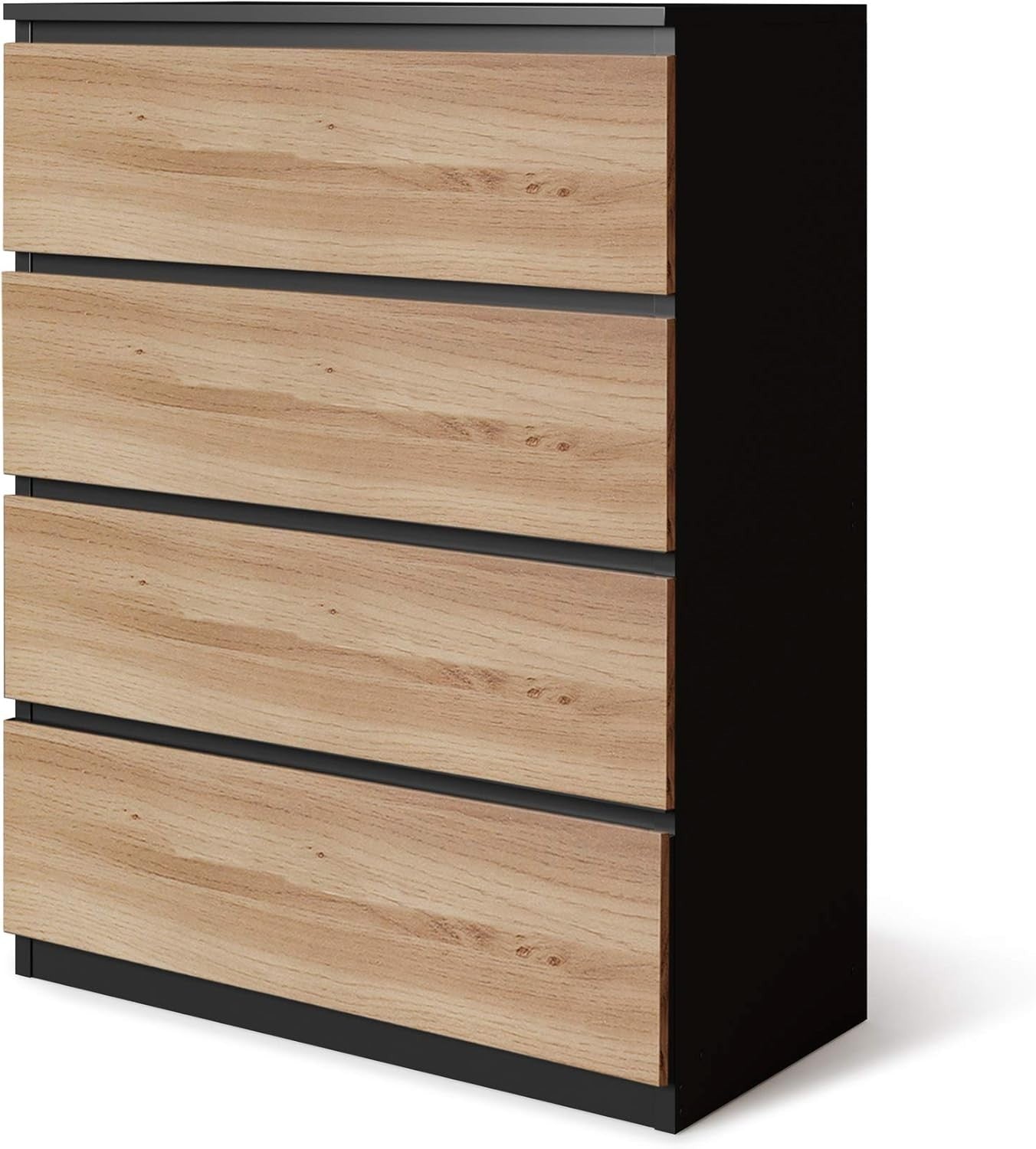 Modern 4-Drawer Wooden Chest - No Handle, Large Storage, Oak & Black Finish