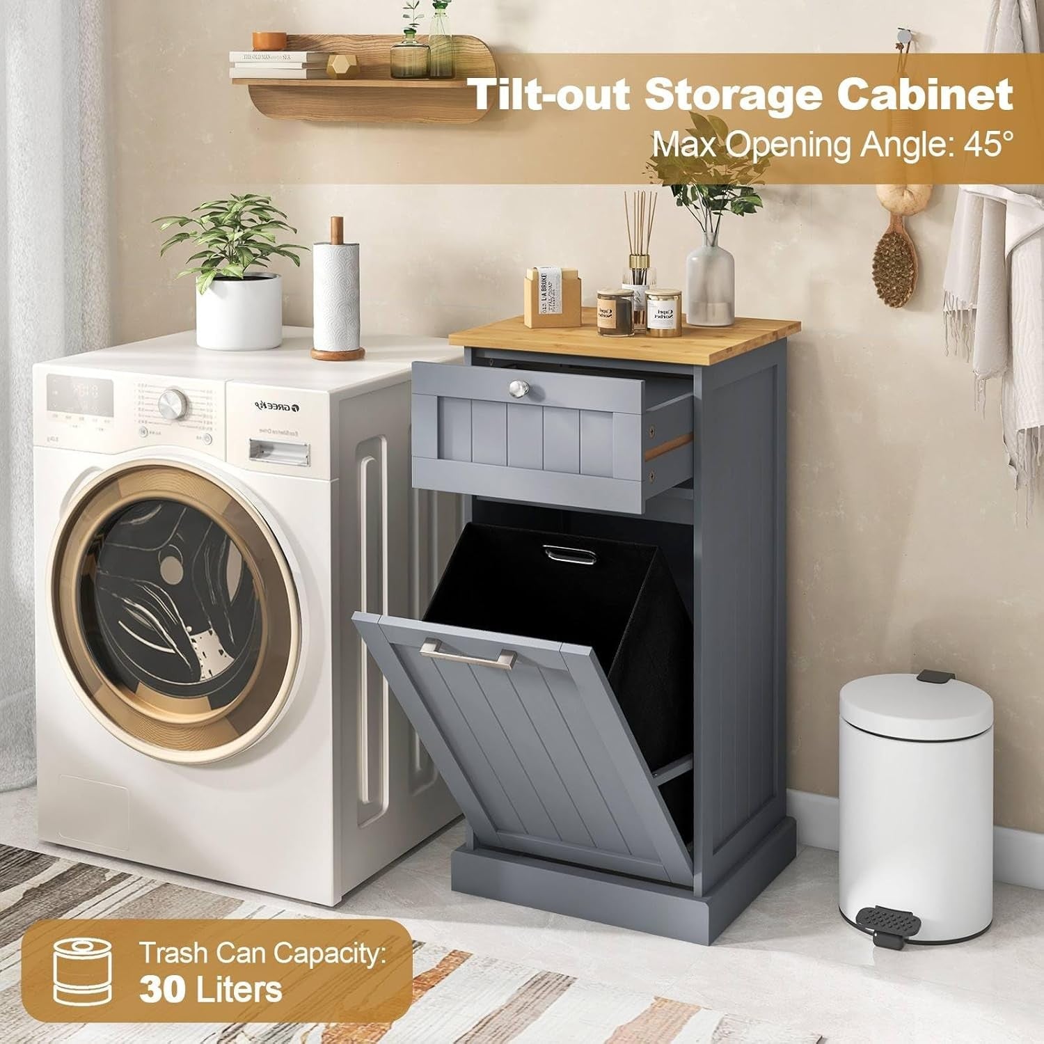 Grey 30L Tilt-Out Laundry Cabinet With Drawer Bamboo Top Modern Storage