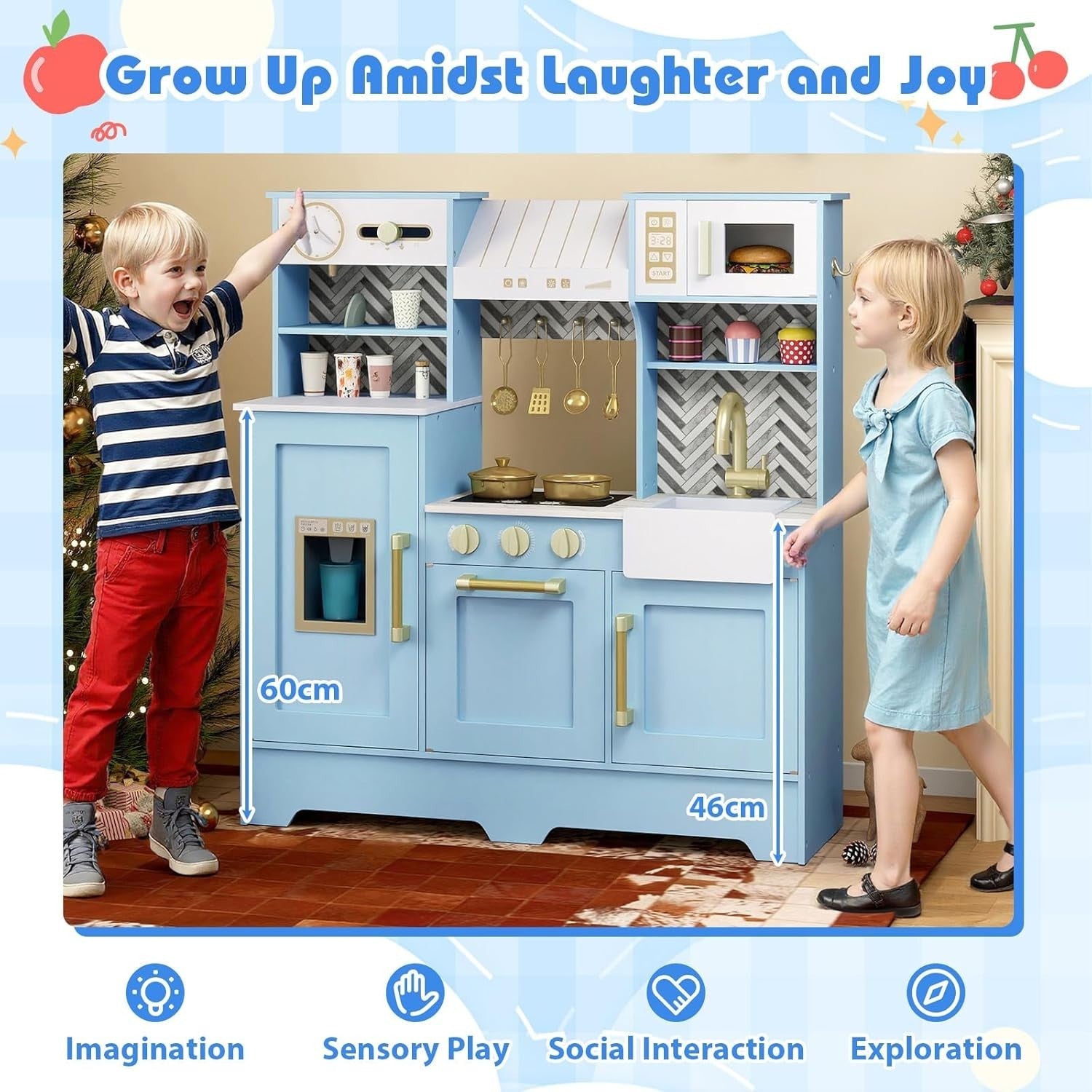 Wooden Kids Play Kitchen Blue w/ Coffee Station Ice Dispenser Set