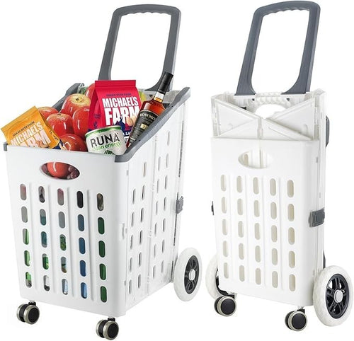 Foldable Shopping Trolley Large Capacity Double Swivel Wheels Lightweight White