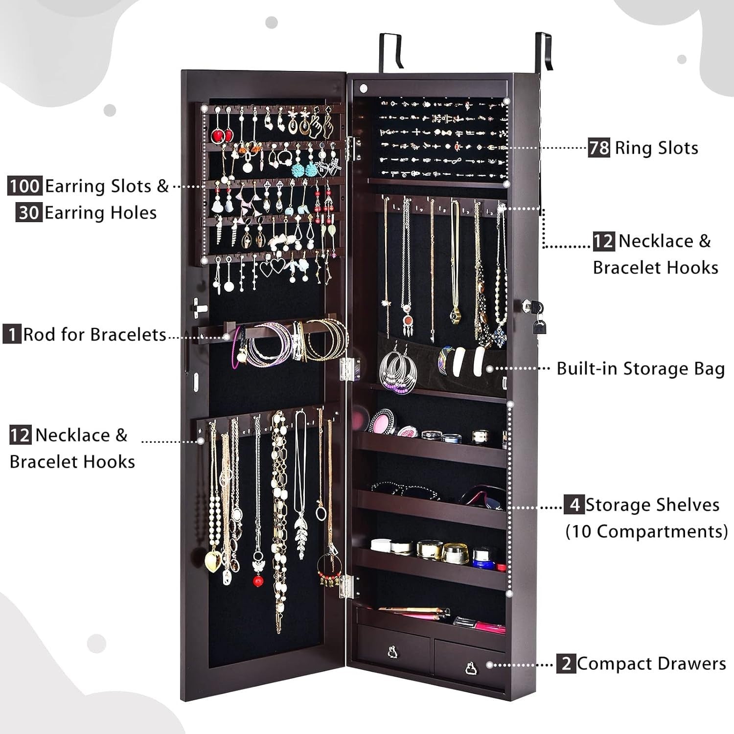 Brown LED Jewelry Armoire Wall Door Mounted Lockable Full Length Mirror