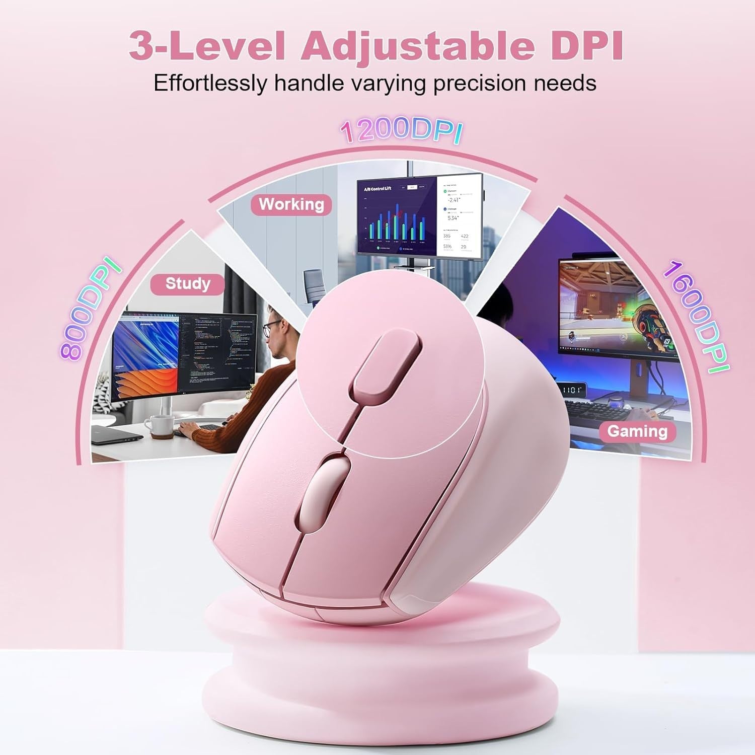 Silent Wireless Mouse 2.4GHz 1600 DPI Portable Cute Pink Laptop PC