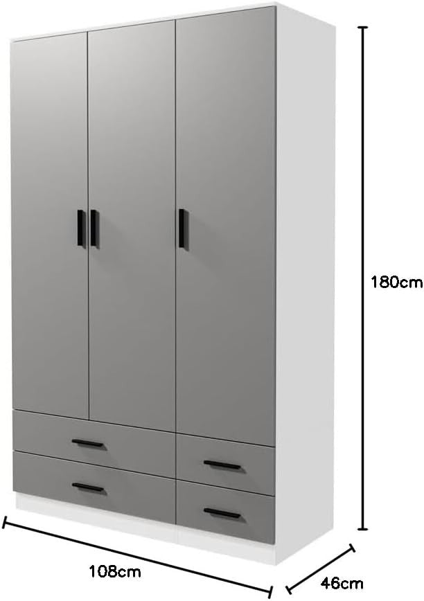 White Grey 3 Door Wardrobe with 4 Drawers Hanging Rail Bedroom Storage