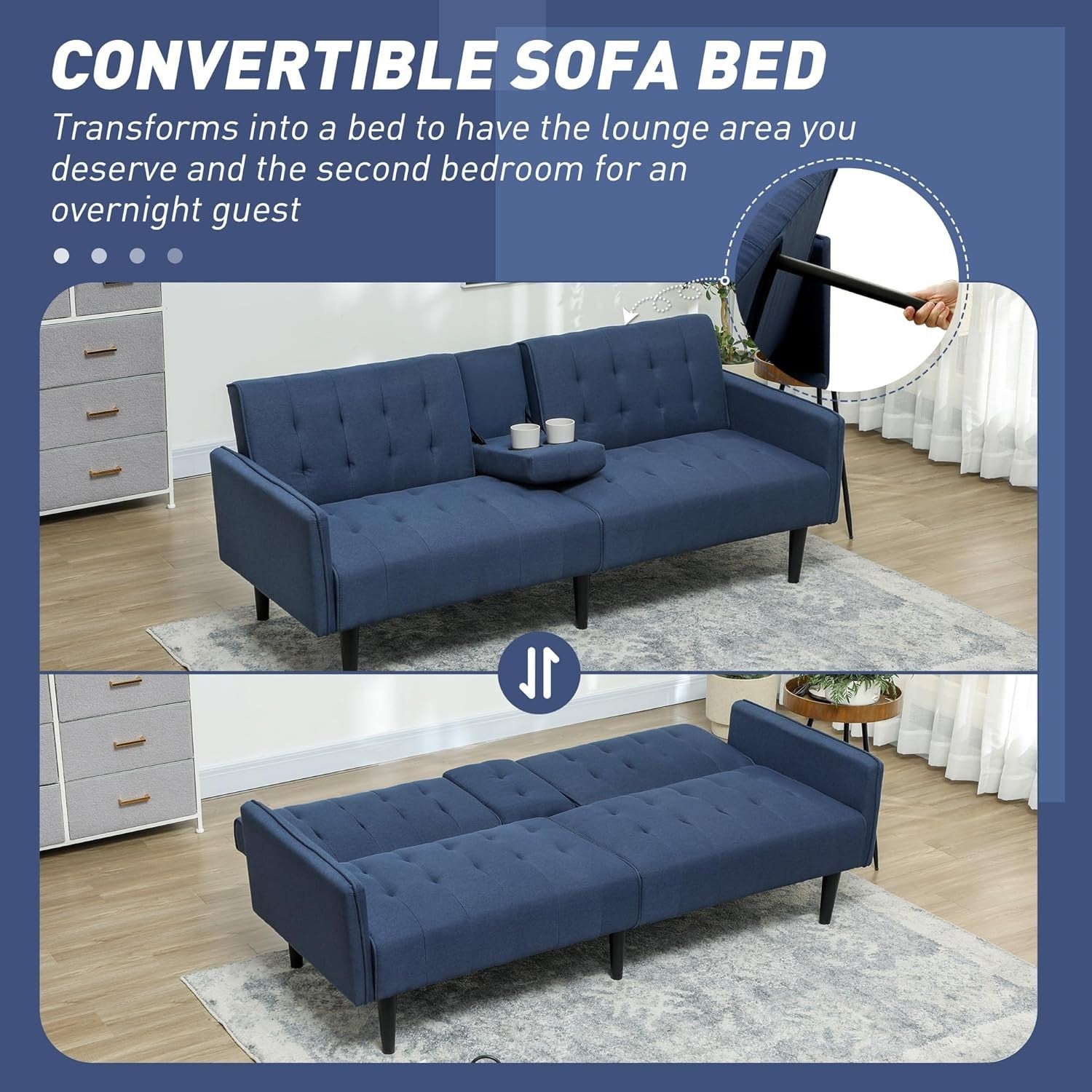 Click Clack Sofa Bed 3 Seater Dark Blue Linen Couch w/ Cup Holders