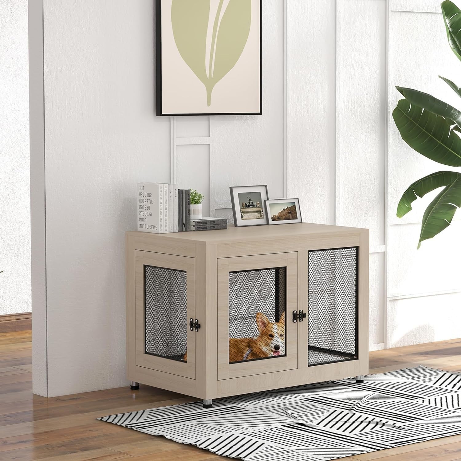 Modern Oak Dog Crate Table 94x60x71.5cm w/Lockable Doors & Washable Cushion
