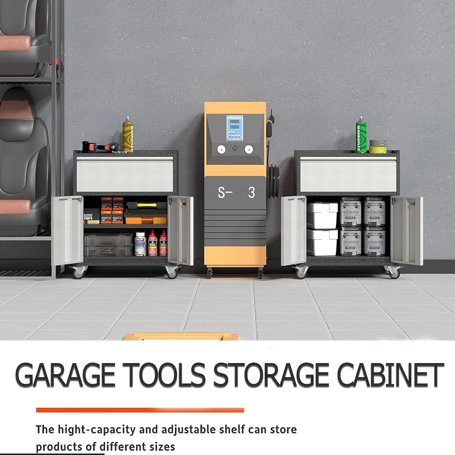 Metal Storage Cabinet with Wheels 2 Doors 1 Drawer Lockable Garage Organizer