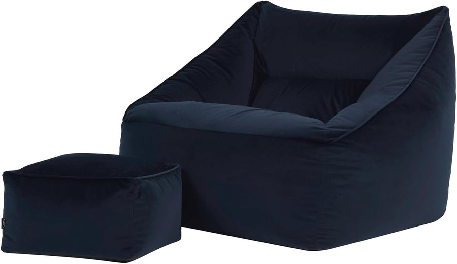 Midnight Blue Velvet Bean Bag Chair Adult Armchair with Footstool Set