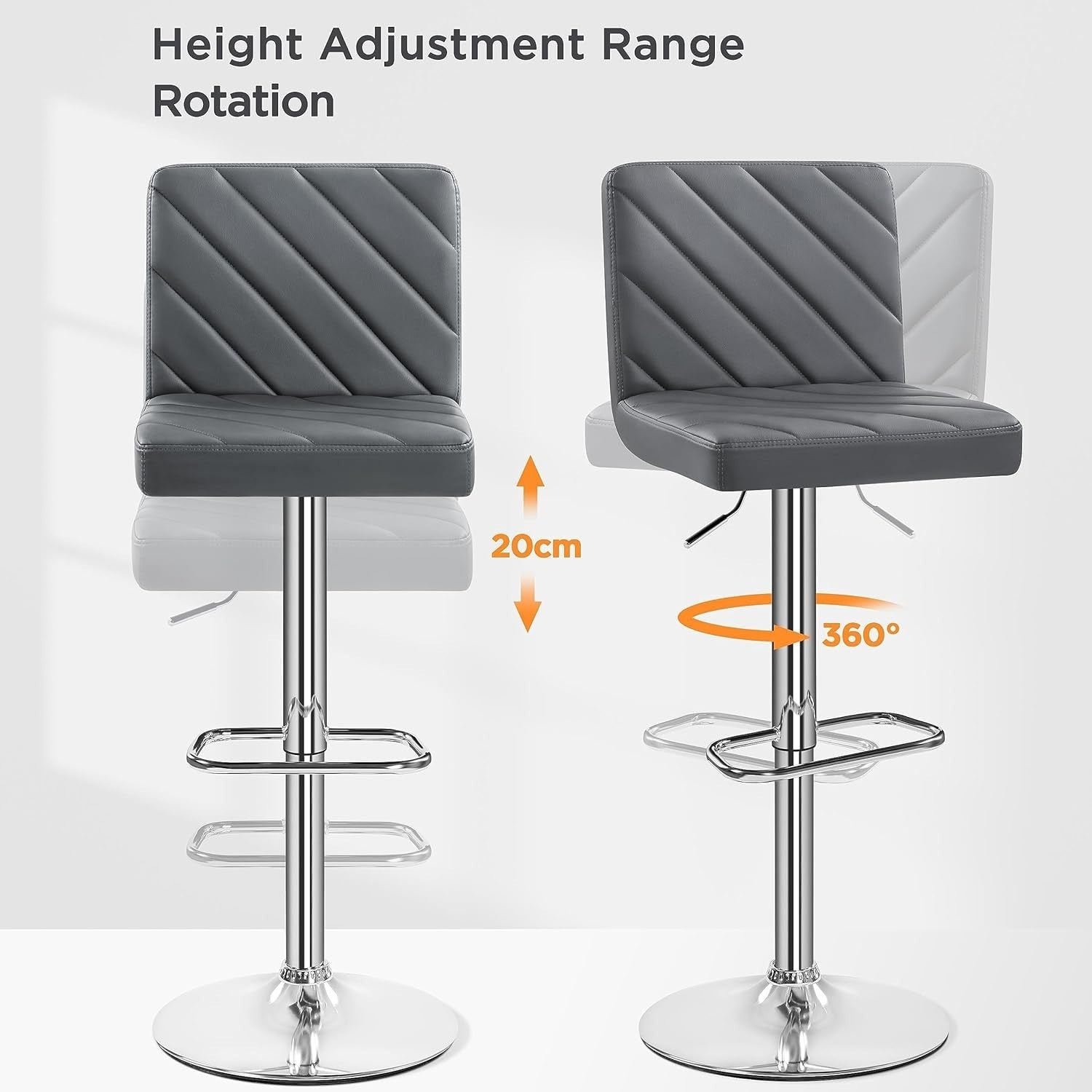 Dark Grey Adjustable Swivel Bar Stools Set of 2 Faux Leather Chairs
