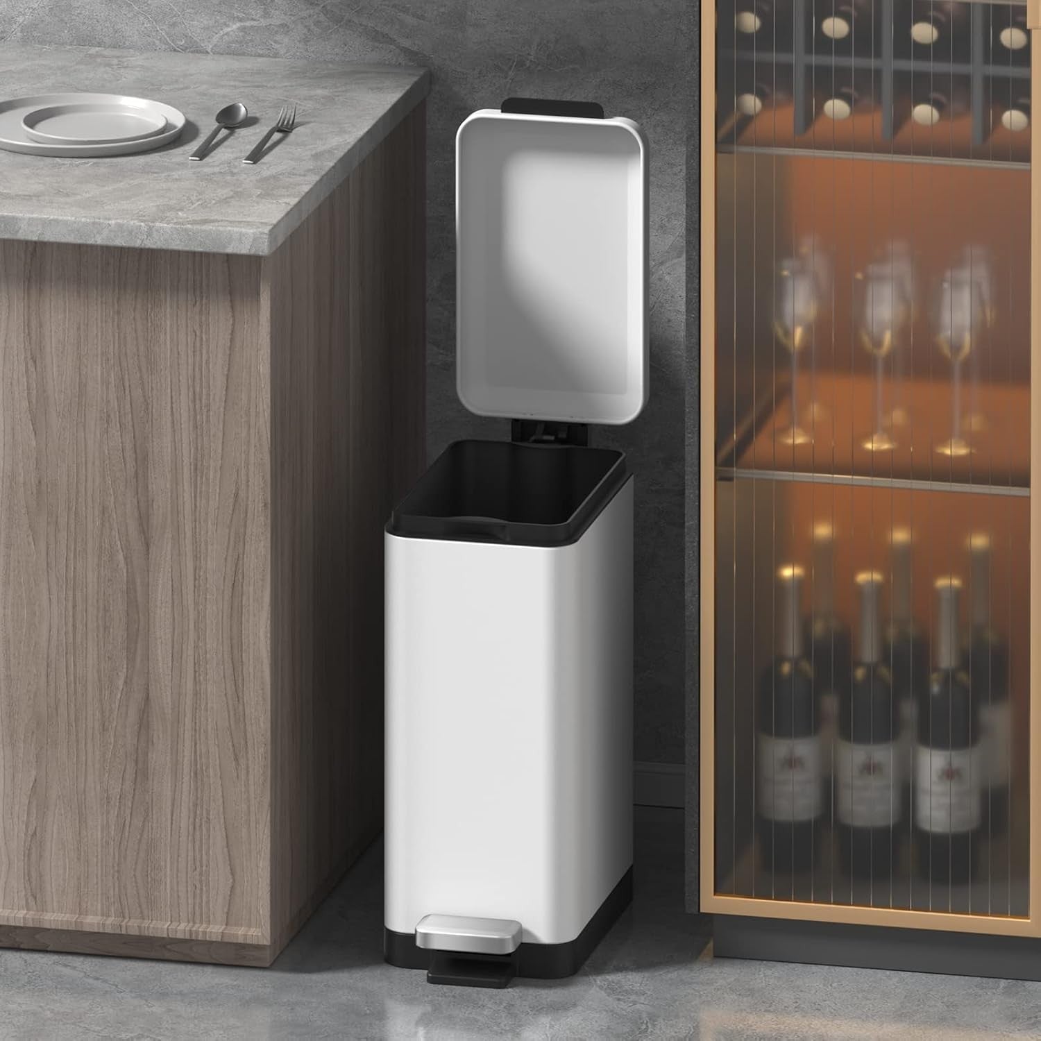 10L Slim Stainless Steel Step Trash Can Soft Close Pedal Bin White