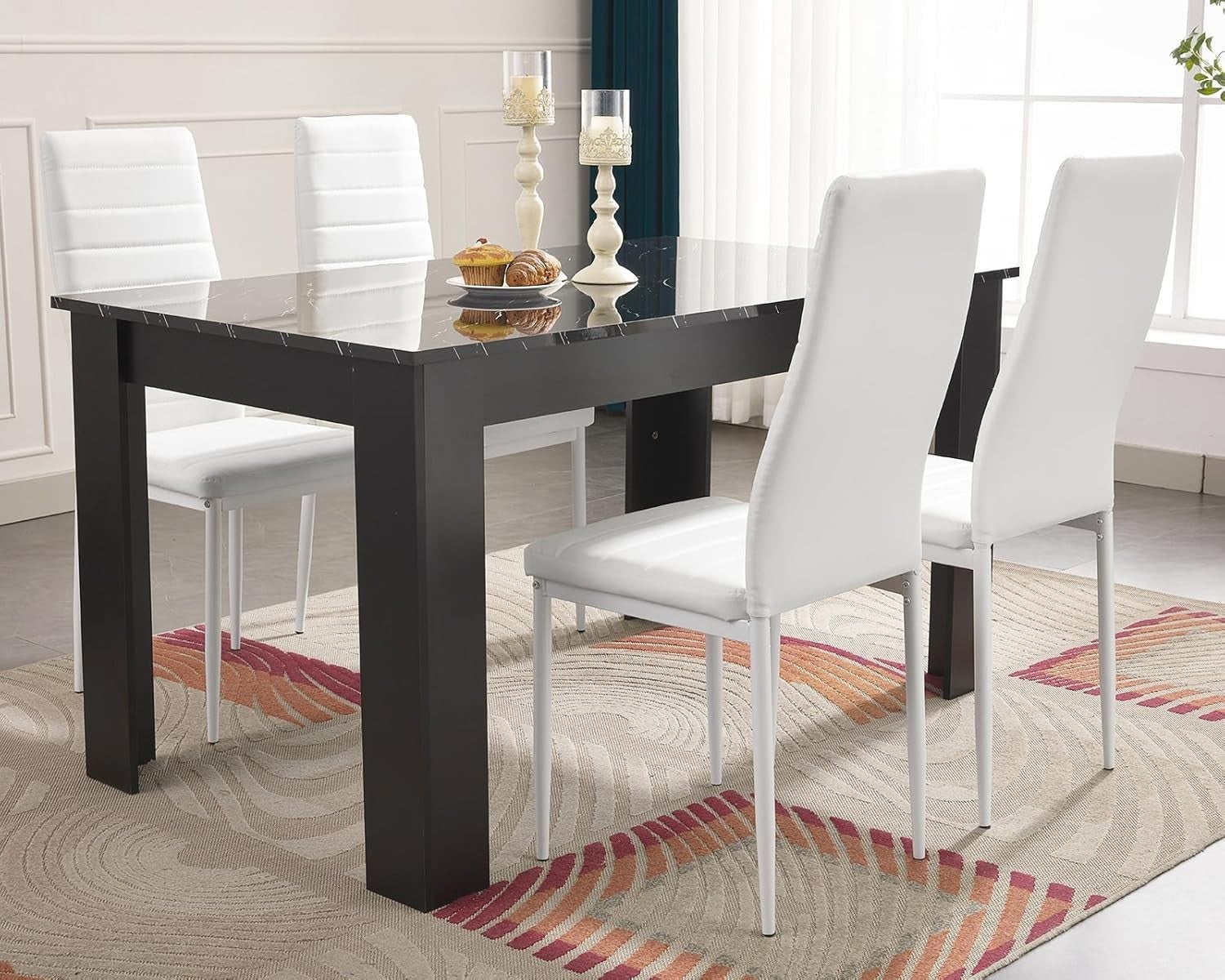Modern Black Marble Dining Table & 4 White PU Chairs Set 120cm Home