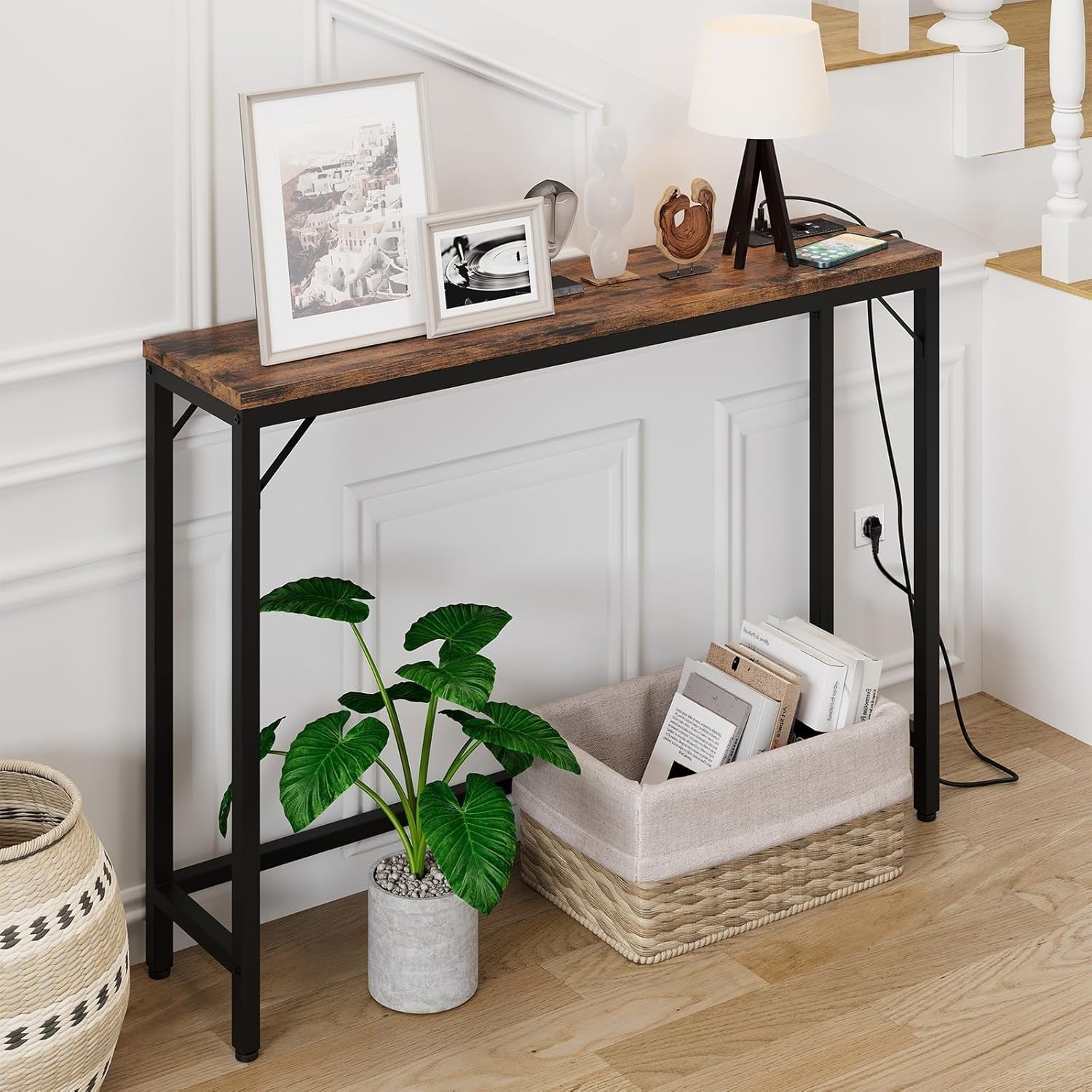 Narrow Console Table with Charging Station & USB Ports, 23x100x80cm, Brown