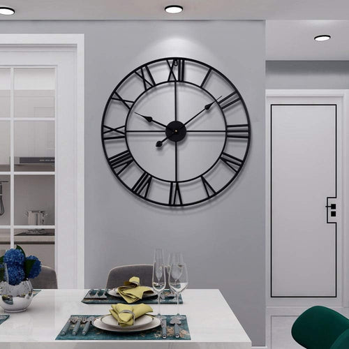 47cm Large Roman Numeral Wall Clock Black Metal Silent Quartz Modern Decor