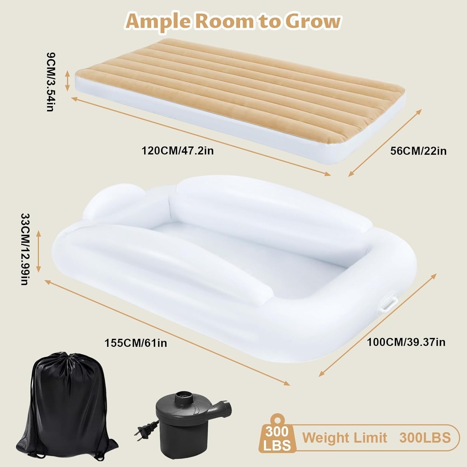 Inflatable Toddler Travel Bed with 4-Sided Safety Bumpers, 63" Portable