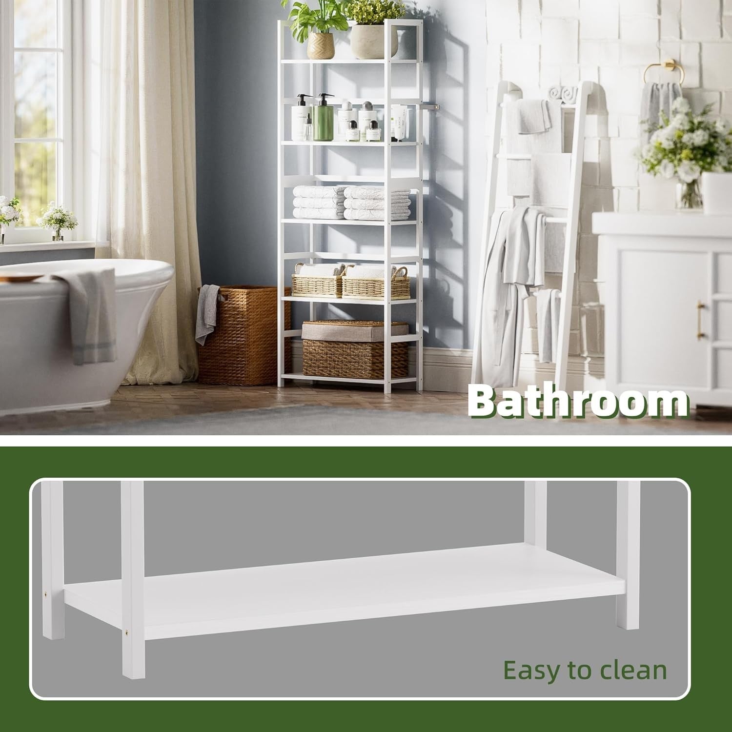 White 5-Tier Industrial Bookshelf, Tall Bamboo Frame Display Storage Unit