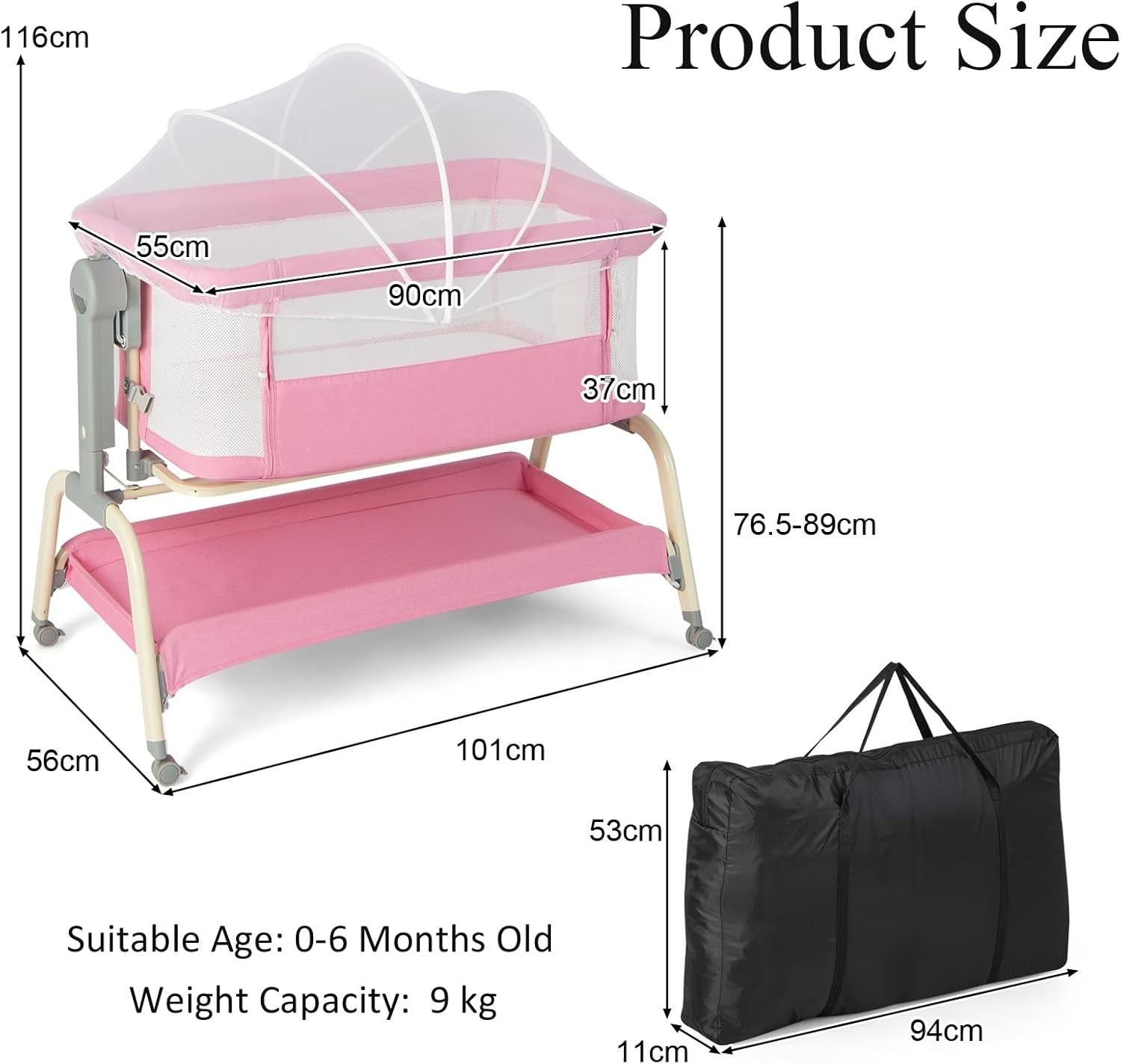 4-in-1 Baby Bedside Crib with Adjustable Height, Mosquito Net & Storage Pink