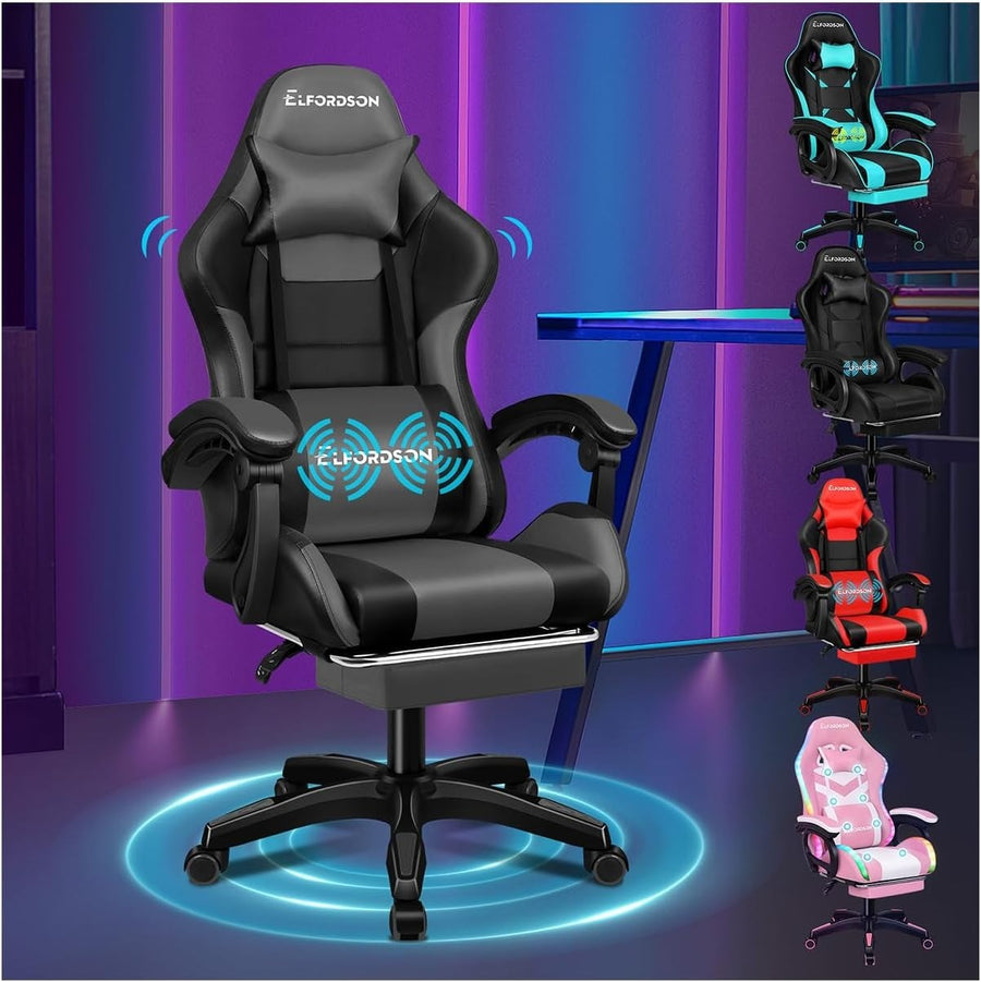 Grey Gaming Chair XL Massage Lumbar Footrest Ergonomic High Back PU Leather