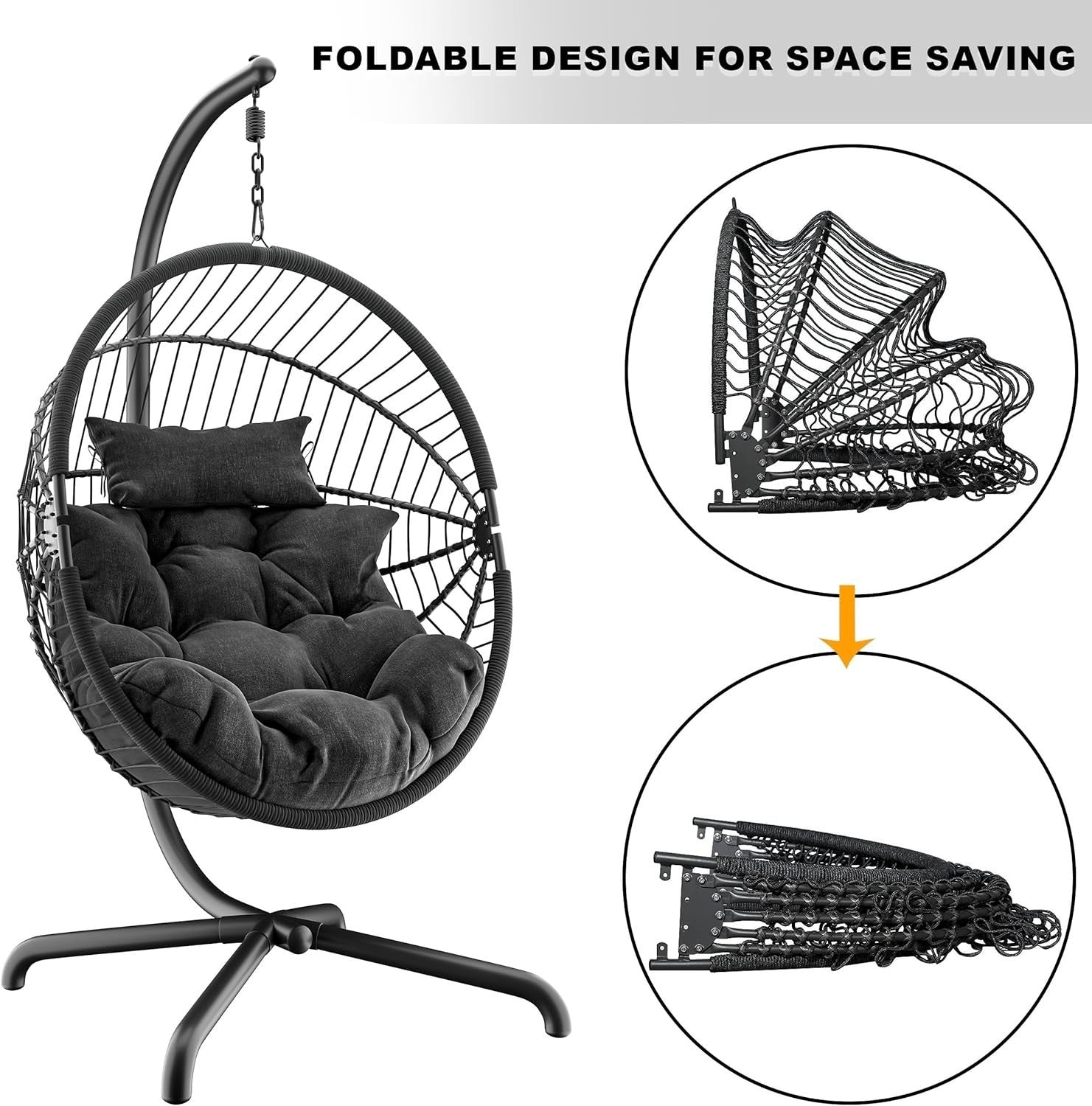 Foldable Rattan Egg Chair with Stand Outdoor Indoor Swing with Cushion