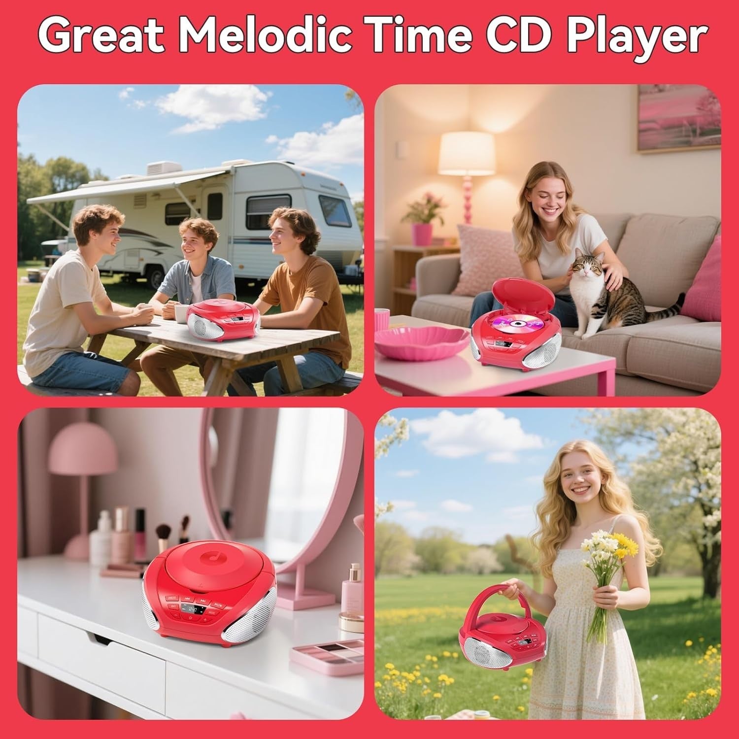 Portable CD Player Boombox Speakers FM Radio AUX Headphone Jack Red
