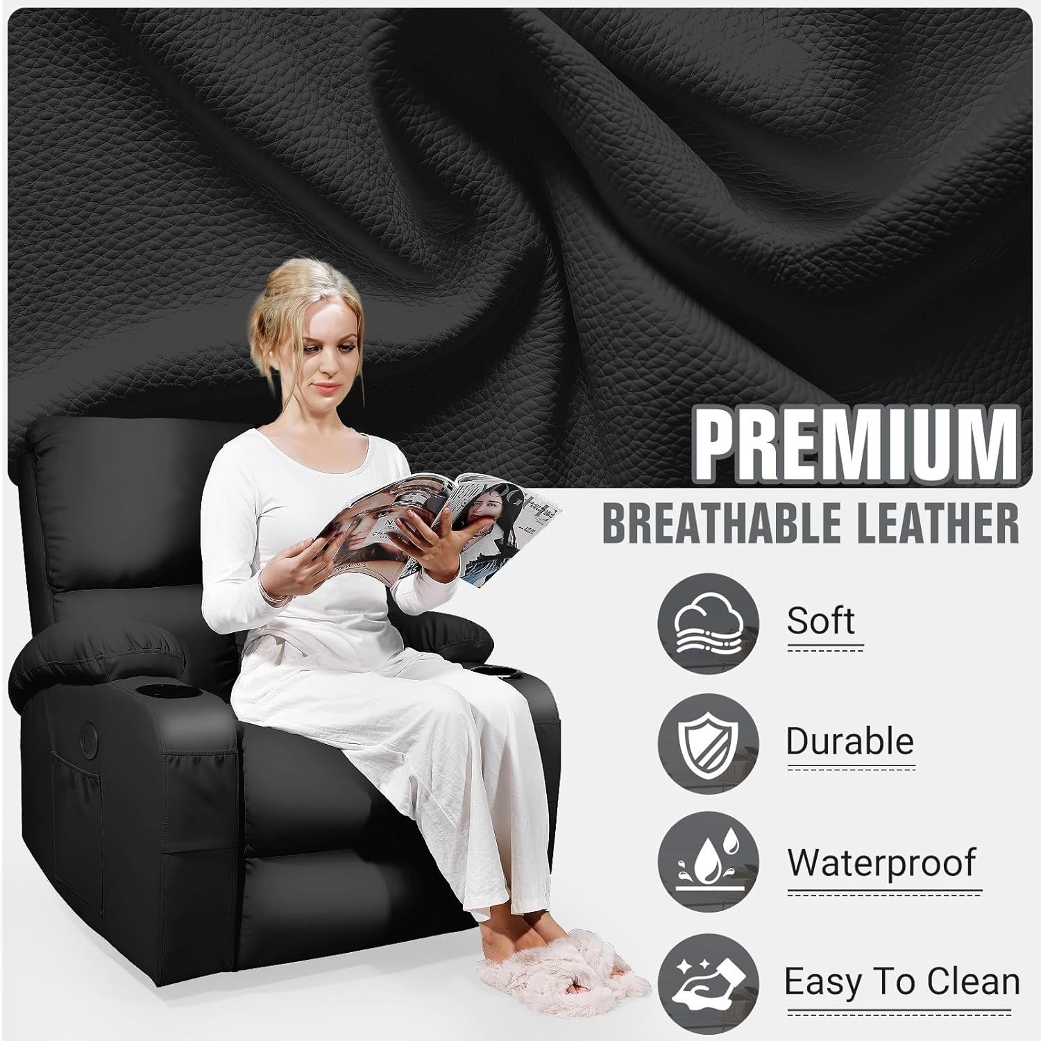 Swivel Rocker Recliner Massage Heat USB Type-C Charging Faux Leather Black