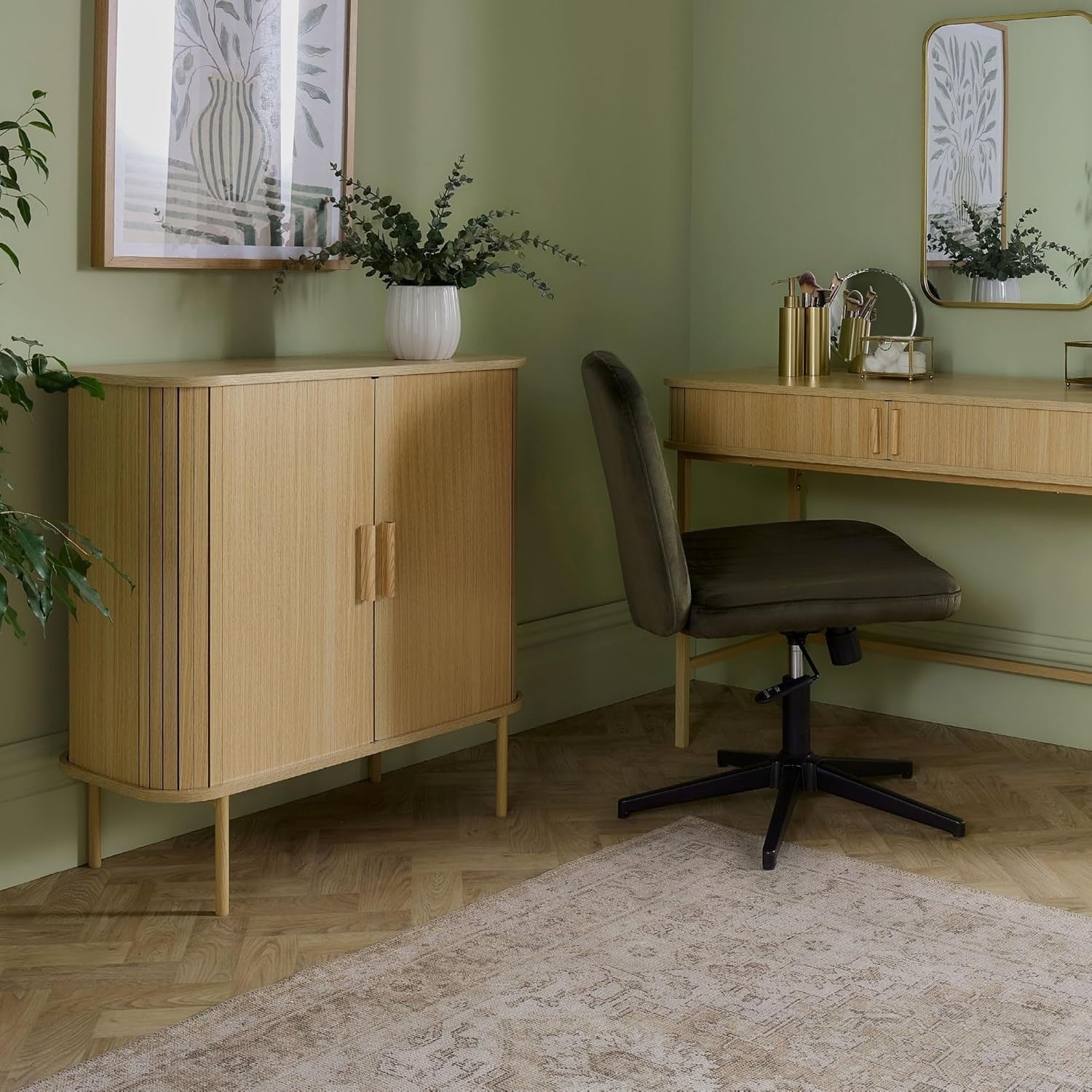 Modern Scandinavian Tambour Sideboard Cabinet with Sliding Doors & Shelves