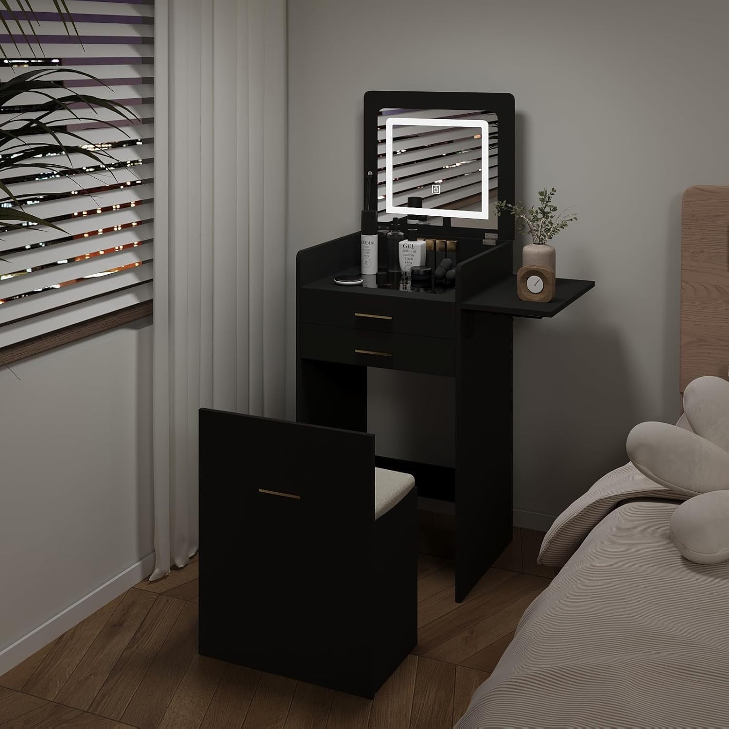 Black Foldable Vanity Desk w/ Lighted Mirror & Stool Small Space 2 Drawers
