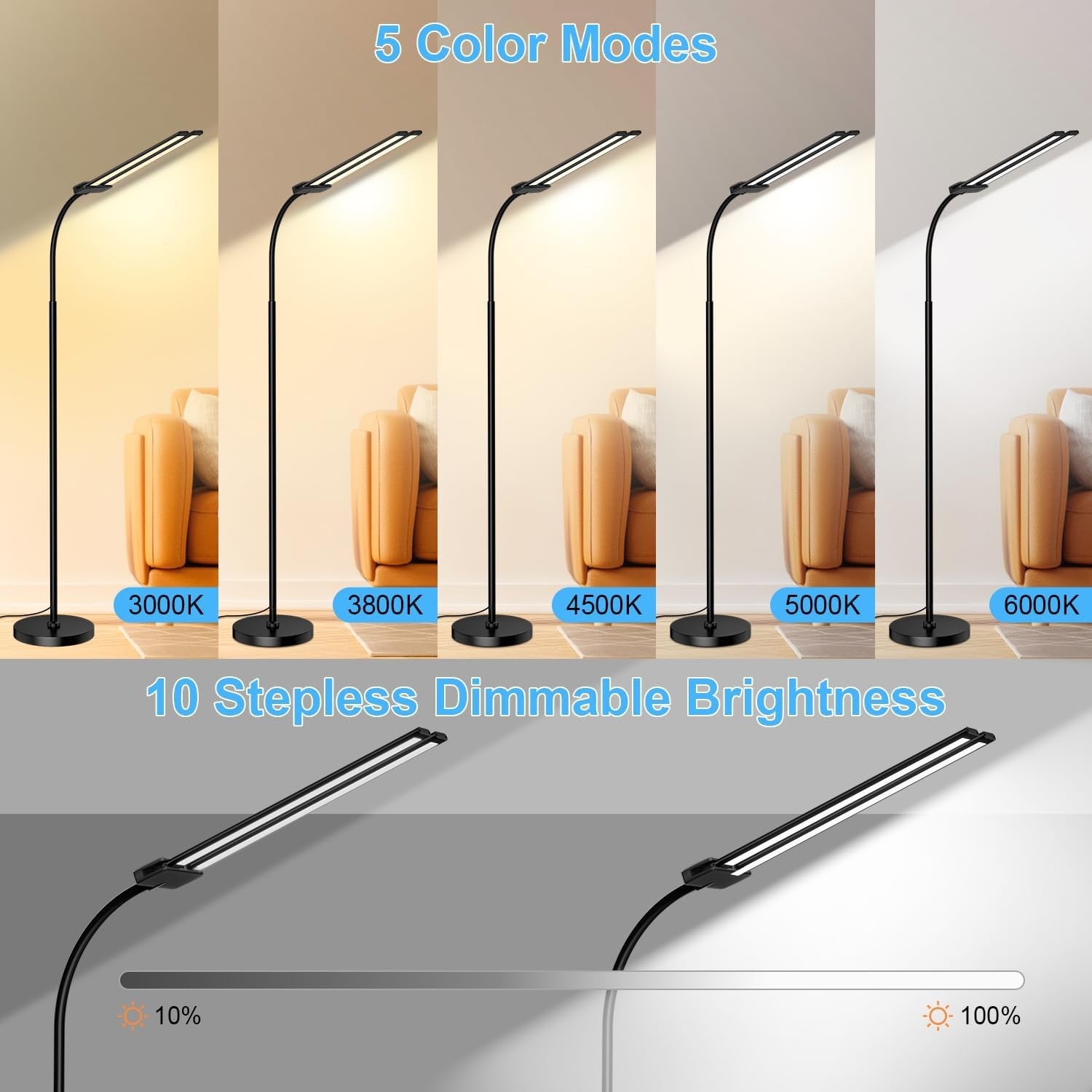 LED Dual Head Floor Lamp Dimmable Remote Gesture Control Reading Light
