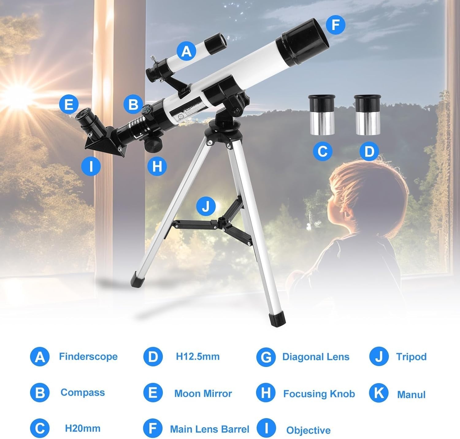 Telescope for Kids & Beginners, 40mm Aperture, 32X Magnification & Tripod
