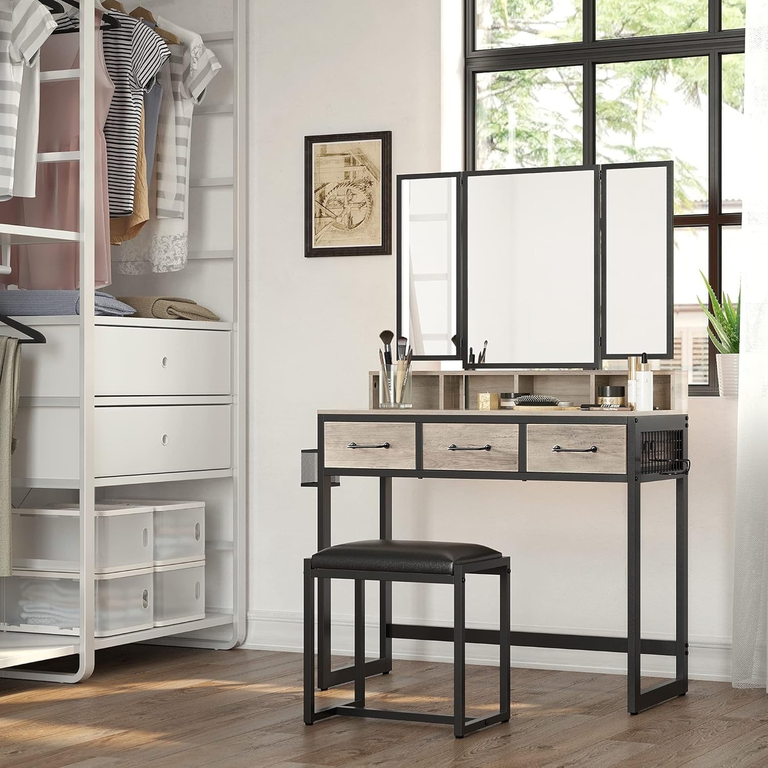 Vanity Dressing Table Set w/ Tri-Fold Mirror, 3 Drawers, Stool, Storage Rustic B