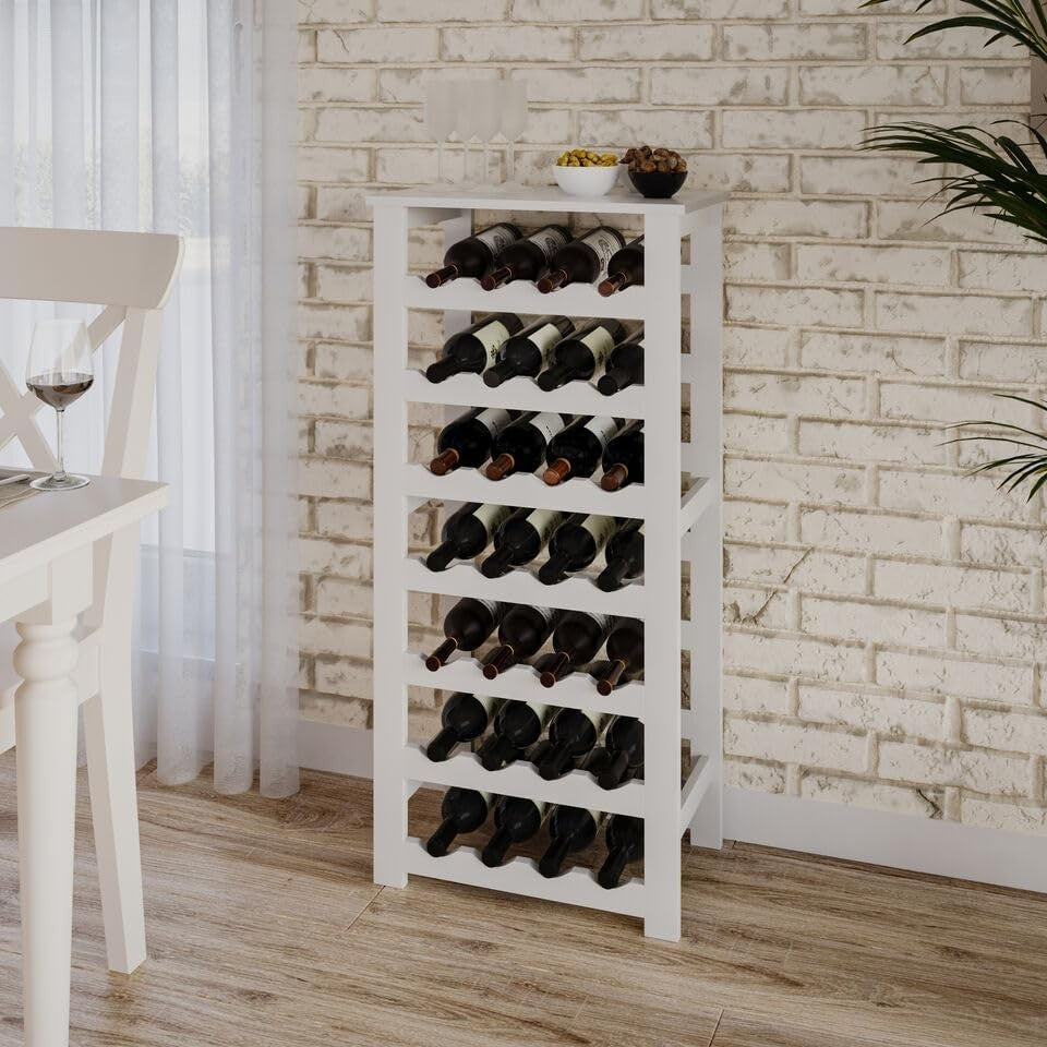 7-Tier Wine Rack Free Standing Holds 28 Bottles Modern White Wooden Storage
